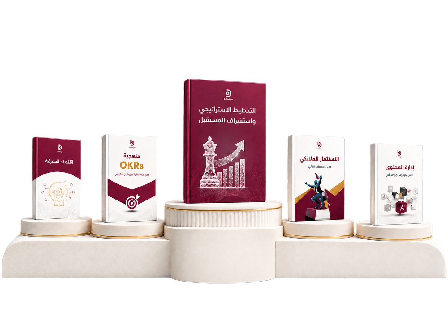 خمسة من إصدارات د. بثينة الأنصاري معروضة على منصات عرض: التخطيط الاستراتيجي واستشراف المستقبل في المنتصف، وحوله اقتصاد المعرفة ومنهجية OKRs والاستثمار الملائكي وإدارة المحتوى.